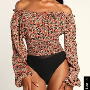 Lulu's Black and Orange Smocked Long Sleeve Bodysuit